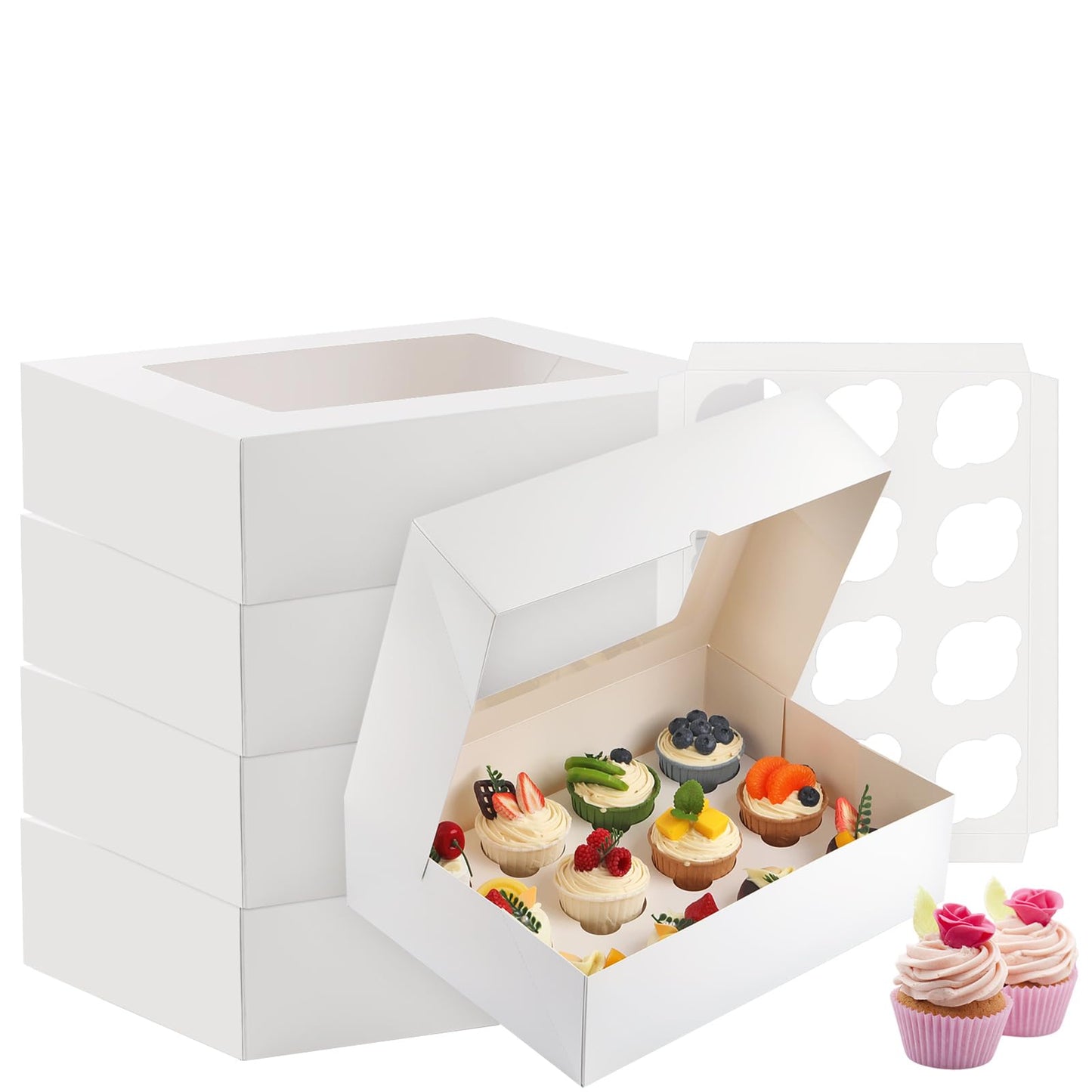 Cupcake Boxes, 2 Pack Disposable Cupcake Containers, Food Grade Cupcake Carrier 12 Count with Window and Inserts, Cupcake Transport Holders Bulk for Muffins Cookies Treats Dessert（White）