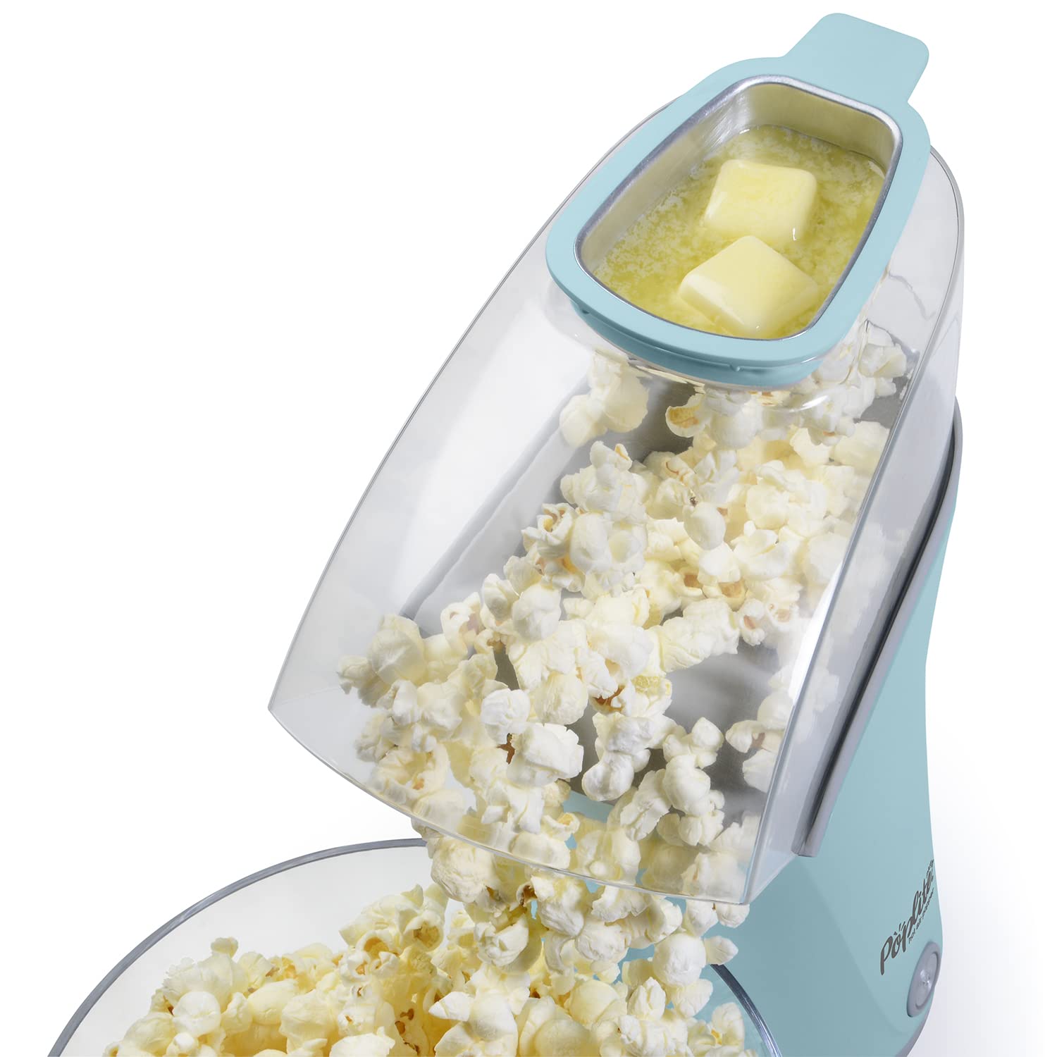 Presto 04867 Poplite Plus Hot Air Popcorn Popper - Wbudowana miarka + Roztapia masło, Łatwe czyszczenie, Wbudowany zwijacz przewodu, 18 filiżanek, Aqua