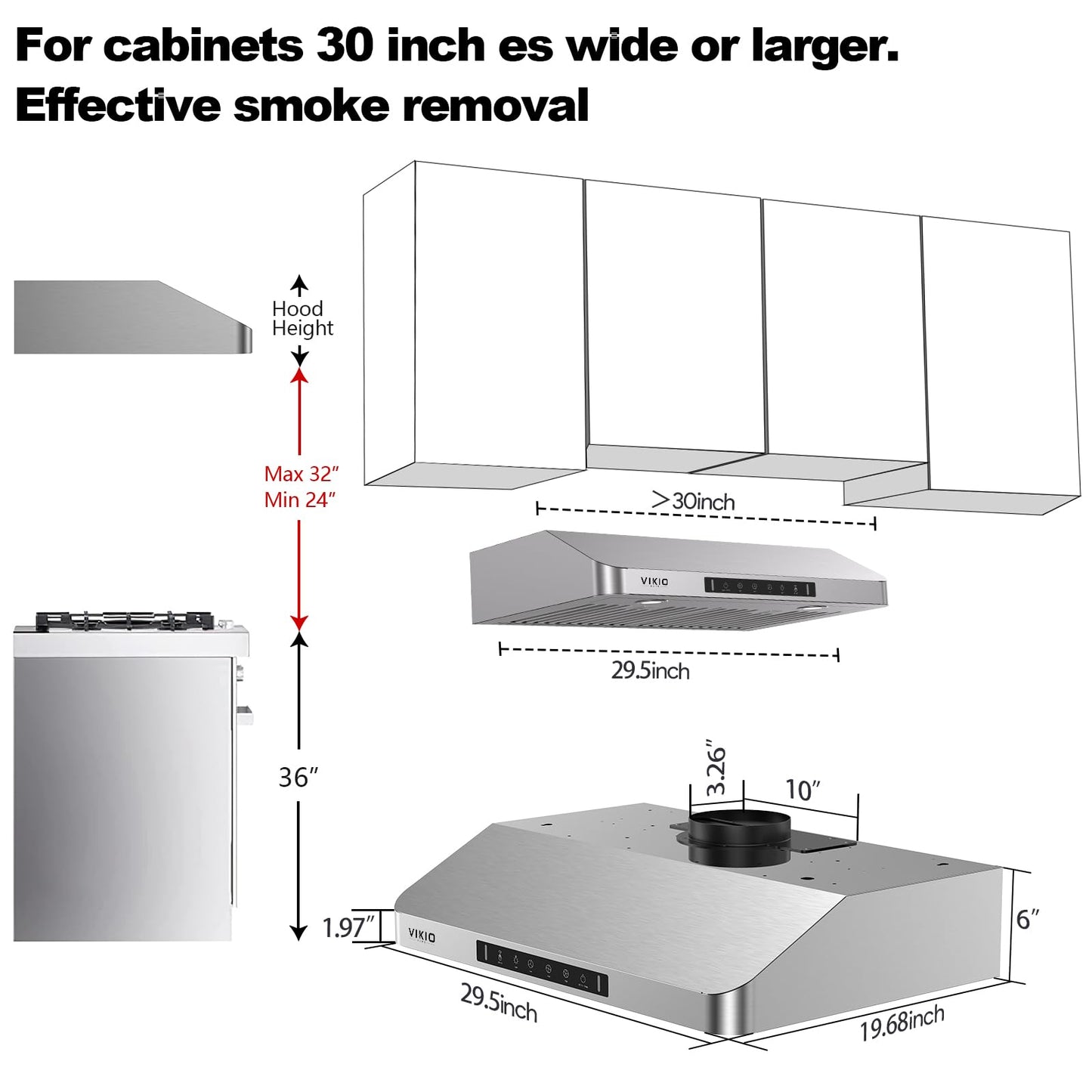 VIKIO HOME Range Hood 30 inch Under Cabinet,Kitchen Hood with 980CFM,3Speed Gesture Sensing&Touch Control Panel,Stainless Steel Kitchen Vent