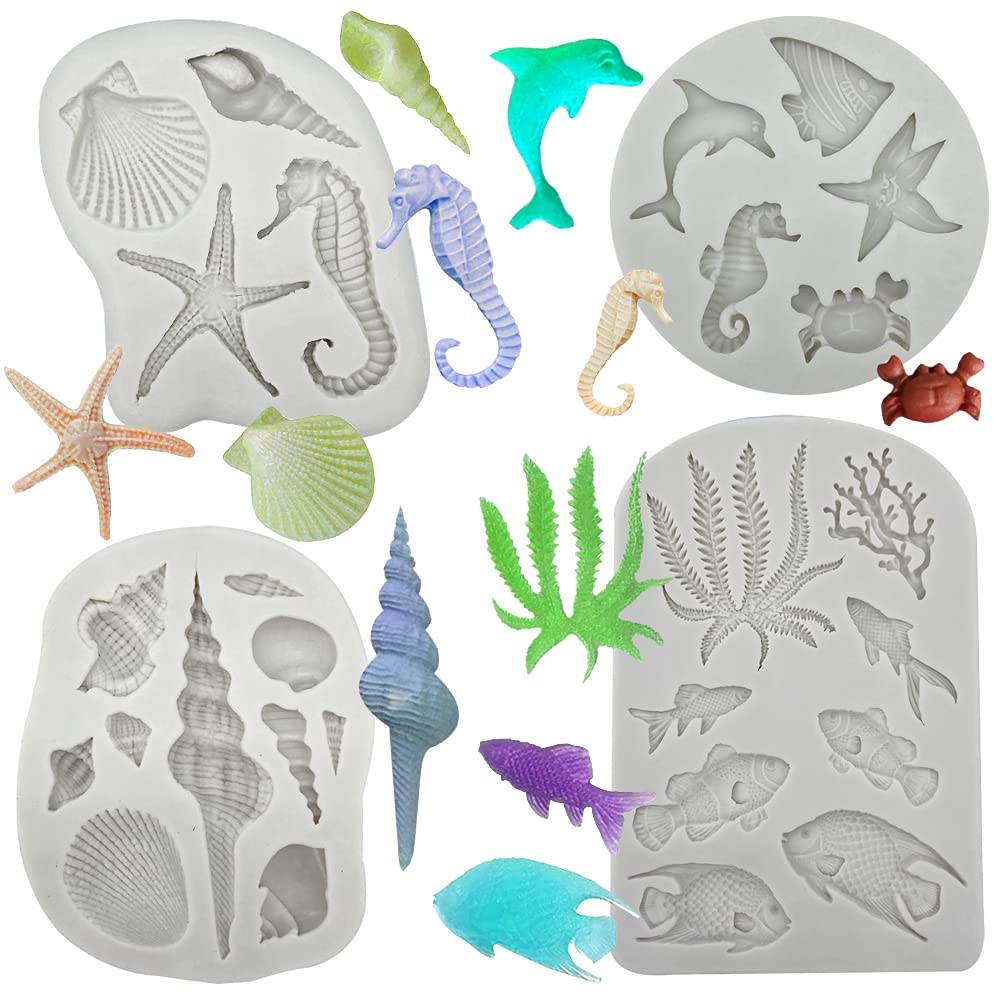 3 PCS Marine Theme Cake Fondant Silicone Mold Seashell Conch Starfish Coral Baking Molds for DIY Cake Decoration Chocolate Candy Polymer Clay Crafting Projects