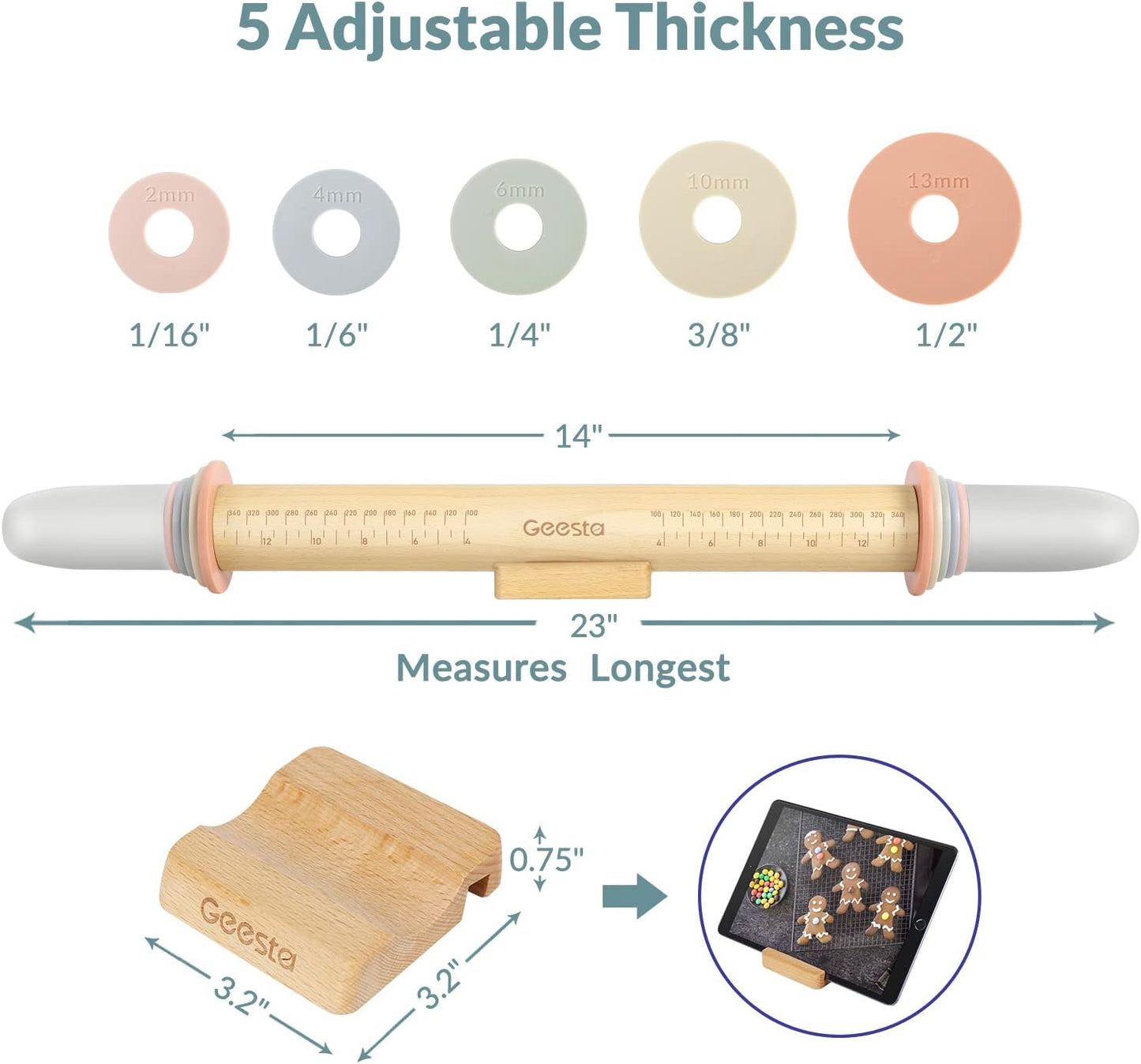 Geesta Adjustable Wood Rolling Pin with 5 Thickness Rings, Precise Dough Roller Handle Press Design with Measurement Guide for Fondant, Pizza, Pie Crust, Cookie, Pastry Baking Decorating Accessories