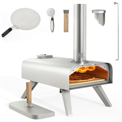 YITAHOME Wood Fired Outdoor Pizza Oven, 12" Portable Pellet Pizza Ovens with Pizza Peel & Pizza Cutter, Woodfire Pizza Maker for Outside Kitchen Cooking Stainless Steel Silver