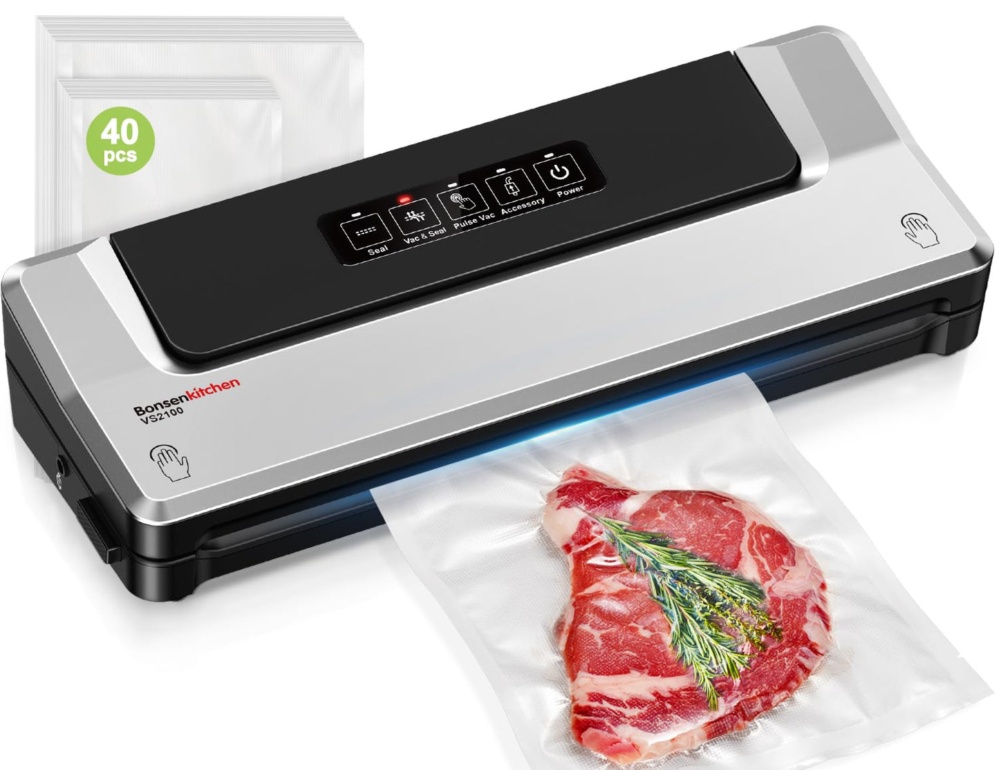 [Updated 2025] Bonsenkitchen Vacuum Sealer Machine + 40 Vacuum Bags, Fast-Compact/Multi-Functional Food Vacuum Sealer with External Vacuum System, Silver