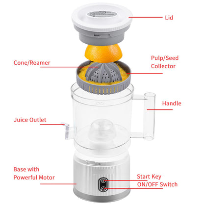 Electric Citrus Juicer, Rechargeable Juicer Machine with USB Cable and Cleaning Brush, Touch Button, Automatic Orange Lime Lemon Grapefruit Squeezer, Easy to Clean Portable Juicer, White