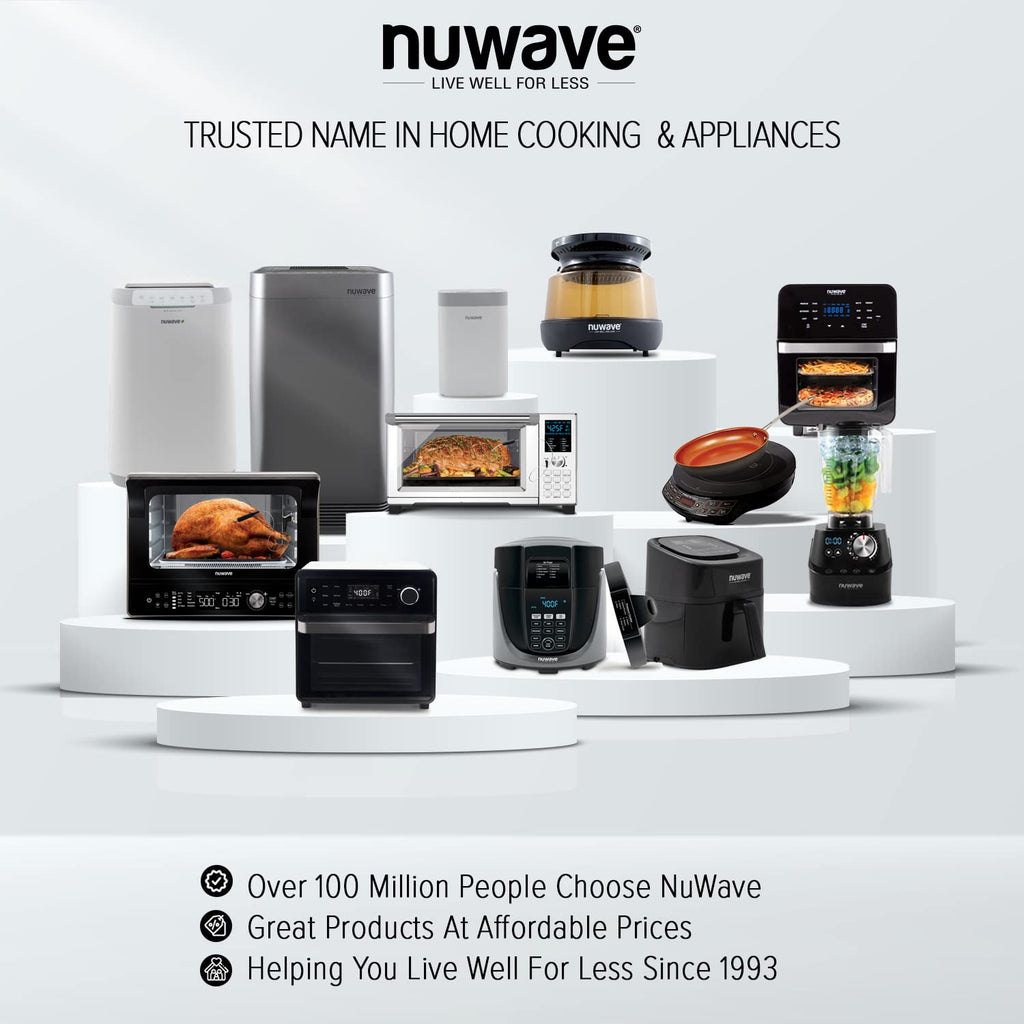 Набір посуду Nuwave Pro-Smart з 9 предметів з нержавіючої сталі, тришарова міцна конструкція, ергономічні ручки, що залишаються холодними, антипригарне керамічне покриття Duralon Blue Healthy, підходить для індукції та працює на всіх варильних поверхнях.