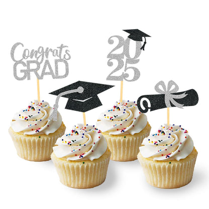 24Pcs Graduation Cupcake Toppers, Graduation Cupcake Picks for Cupcake Food Decorations - Class of 2025 Cupcake Toppers Supplies (Blue)