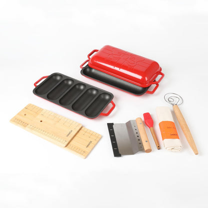 HAWOK Enameled Cast Iron French Baguette Baker, Hot Dog Bake Tray, Baguette Pan with Handles and Lid, Navy Blue