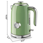 SUSTEAS Electric Kettle - 57oz Hot Tea Water Boiler with Thermometer, 1500W Fast Heating Stainless Steel Pot, Cordless LED Indicator, Auto Shut-Off & Boil Dry Protection, Retro Green
