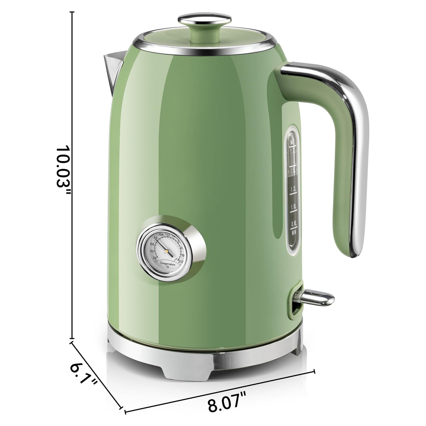 SUSTEAS Electric Kettle - 57oz Hot Tea Water Boiler with Thermometer, 1500W Fast Heating Stainless Steel Pot, Cordless LED Indicator, Auto Shut-Off & Boil Dry Protection, Retro Green