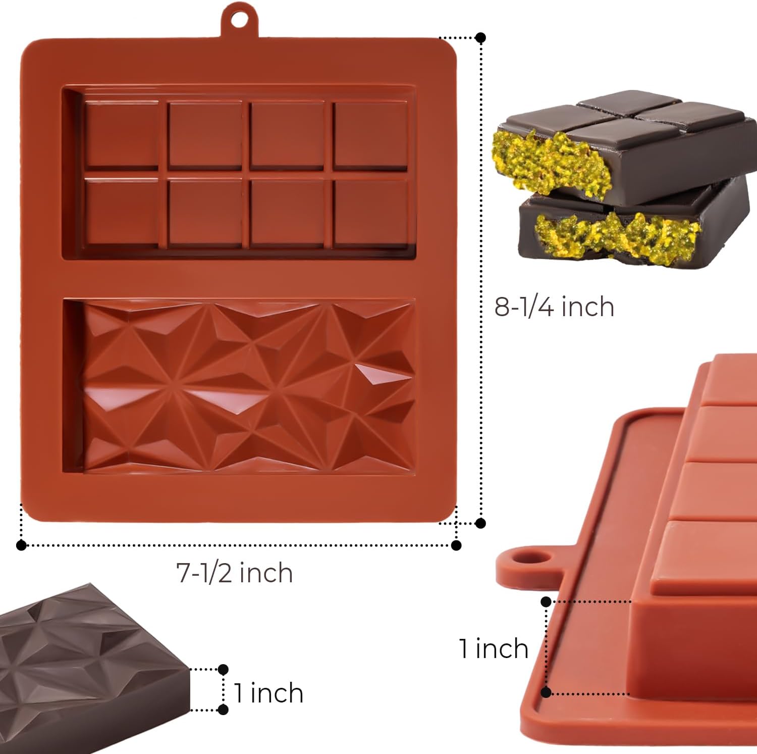 Chocolate Bar Mold Deep Dubai 1 Inch Pistachio Chocolate Bar Silicone Thick Mold for Stuffed Bar, Large Candy Bar Mould for Filling