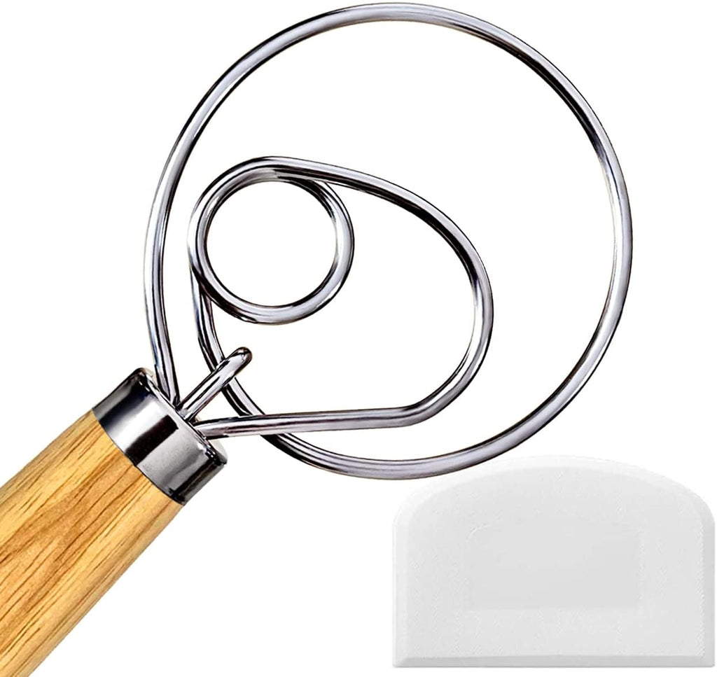Danish Dough Whisk, Dutch Style Bread Whisk For Sourdough Cooking Kitchen with Stainless Steel Danish Sourdough Whisks Bread Mixer 13" and Dough Scraper