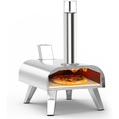 BIG HORN OUTDOORS Pizza Ovens Wood Pellet 12” Pizza Oven Cooking Pizza Maker Portable Stainless Steel Pizza Grill, Silver Portable Party use