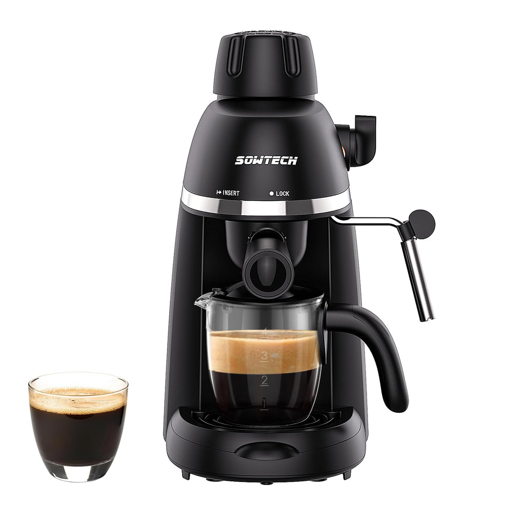 Ekspres do kawy SOWTECH, 3,5-barowy ekspres do espresso i cappuccino ze spieniaczem do mleka, 1-4 filiżanek przenośny ekspres do kawy do latte, cappuccino, 800 W, czarny