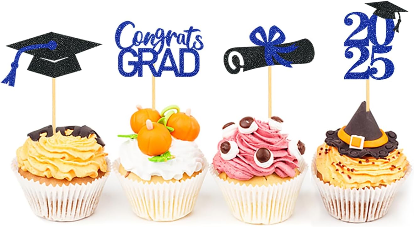 24Pcs Graduation Cupcake Toppers, Graduation Cupcake Picks for Cupcake Food Decorations - Class of 2025 Cupcake Toppers Supplies (Blue)