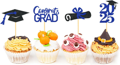 24Pcs Graduation Cupcake Toppers, Graduation Cupcake Picks for Cupcake Food Decorations - Class of 2025 Cupcake Toppers Supplies (Blue)