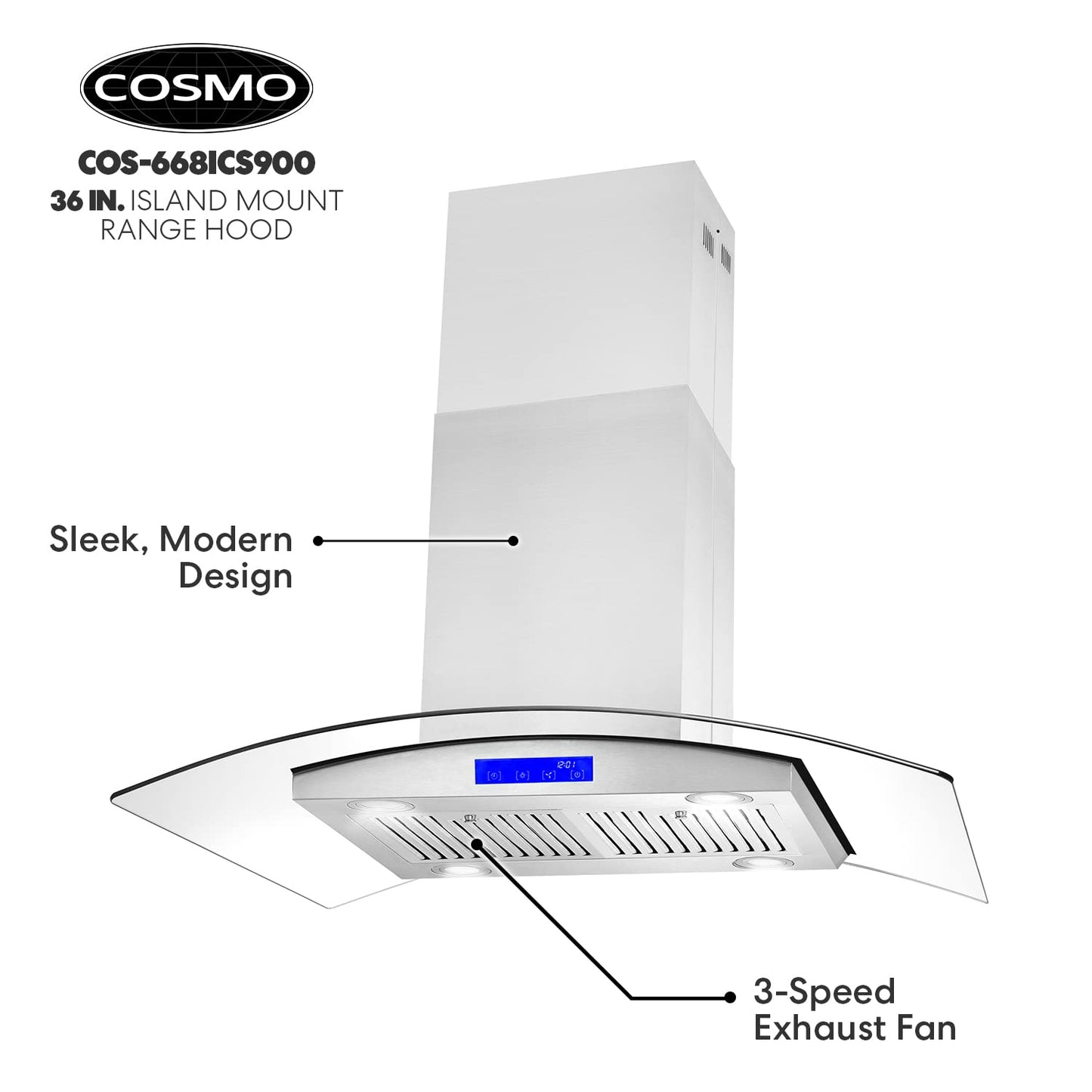 COSMO COS-668ICS900 36 in. Lumin Collection 380 CFM Ducted Island Range Hood, Soft Touch Controls, LED Lights, Stainless Steel