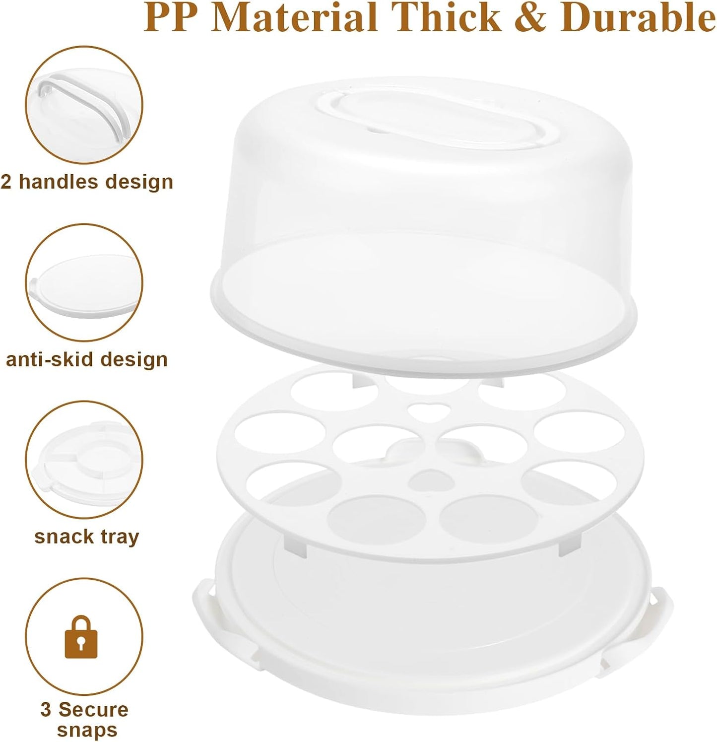 Cake Carrier with Lid and Handle, Multipurpose Cake Stand Fits 10 inch Cake, Cupcake Containers for 11 Cupcakes，Cake Holder Serves as Five Section Serving Tray, Portable Cake Carriers, White