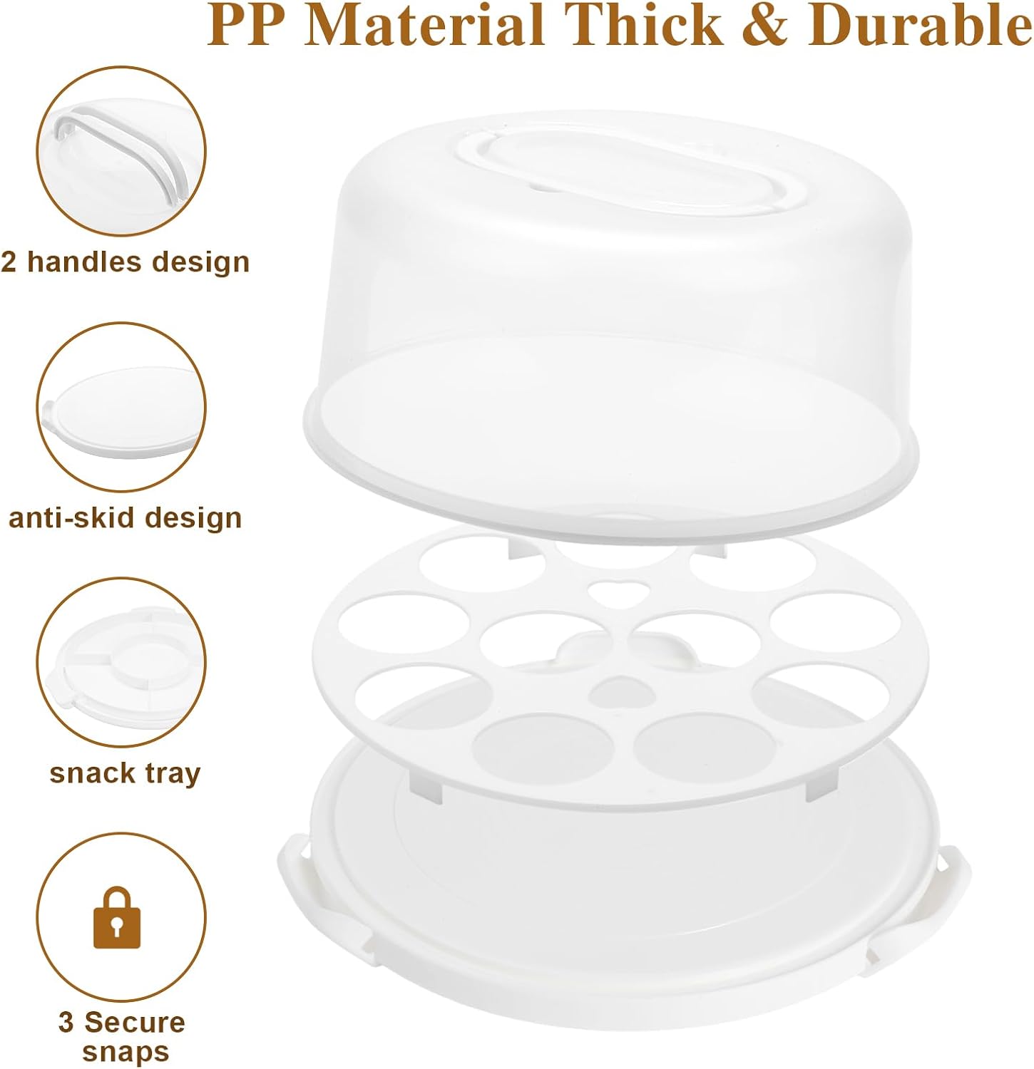 Cake Carrier with Lid and Handle, Multipurpose Cake Stand Fits 10 inch Cake, Cupcake Containers for 11 Cupcakes，Cake Holder Serves as Five Section Serving Tray, Portable Cake Carriers, White