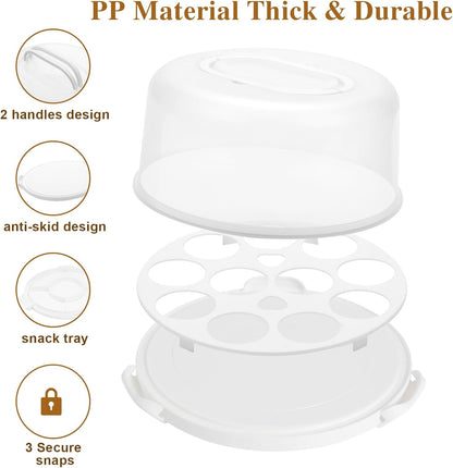 Cake Carrier with Lid and Handle, Multipurpose Cake Stand Fits 10 inch Cake, Cupcake Containers for 11 Cupcakes，Cake Holder Serves as Five Section Serving Tray, Portable Cake Carriers, White