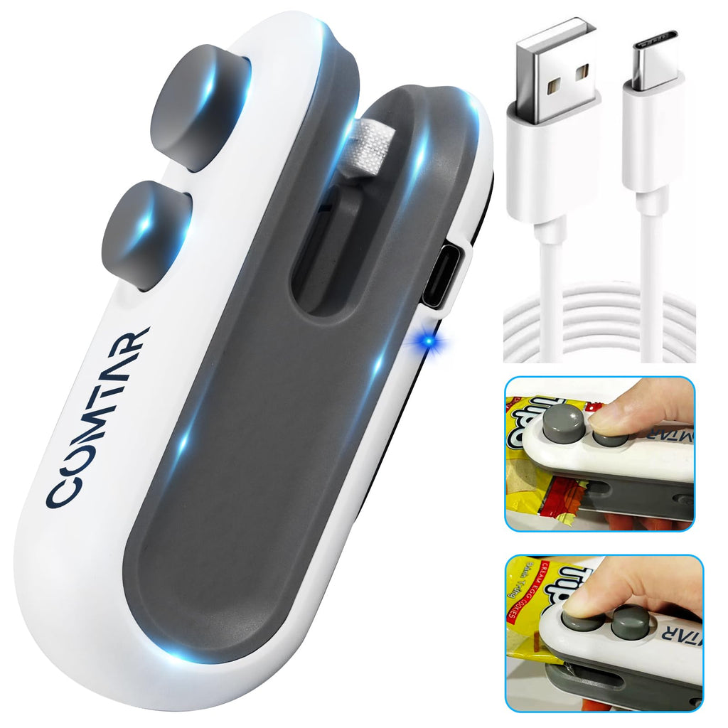 COMTAR Mini Bag Sealer, ulepszona zgrzewarka i obcinarka 2 w 1, akumulatorowa zgrzewarka do toreb USB C z magnesem, przenośna maszyna do ponownego zamykania toreb plastikowych, przechowywanie chipsów, przekąski, świeżość