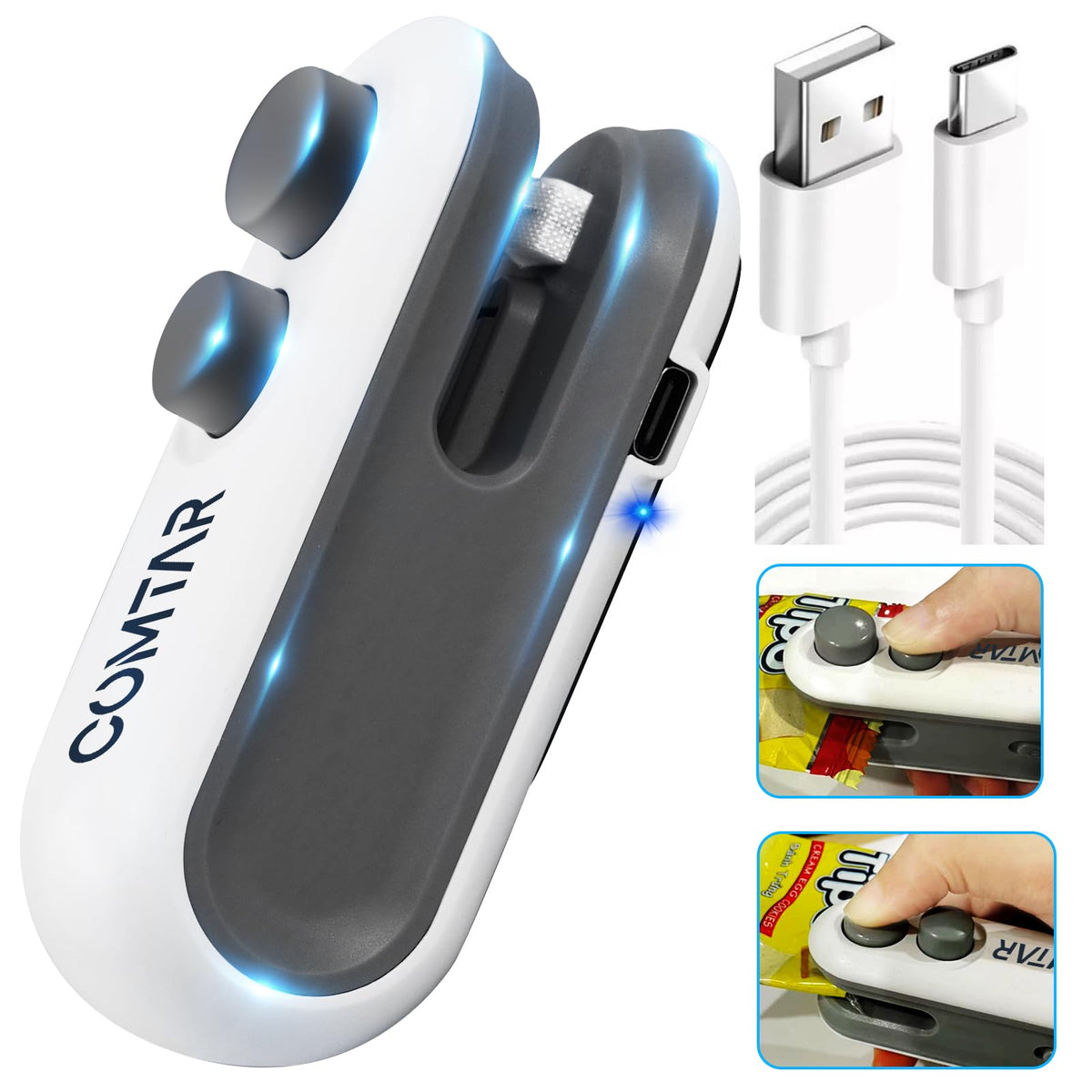 COMTAR Mini Bag Sealer, ulepszona zgrzewarka i obcinarka 2 w 1, akumulatorowa zgrzewarka do toreb USB C z magnesem, przenośna maszyna do ponownego zamykania toreb plastikowych, przechowywanie chipsów, przekąski, świeżość