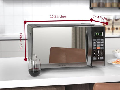 Emerson MWG1191SB Countertop Microwave Oven with 1100W Grill Function, Sleek Mirrored Finish 10 Power Levels, 6 Auto Menus, Glass Turntable and Child Safe Lock, 1.1 Cu. Ft, Stainless Steel