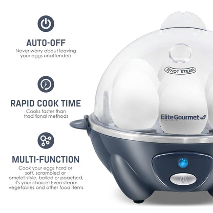 Elite Gourmet Easy Electric 7 Egg Capacity Soft, Medium, Hard-Boiled Cooker Poacher, Scrambled, Omelet Maker with Auto Shut-Off and Buzzer, BPA Free