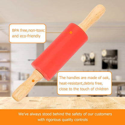 Mini Silicone Rolling Pin for Kids, Non-stick Surface Wood Handle, 9 Inch 2 Pack