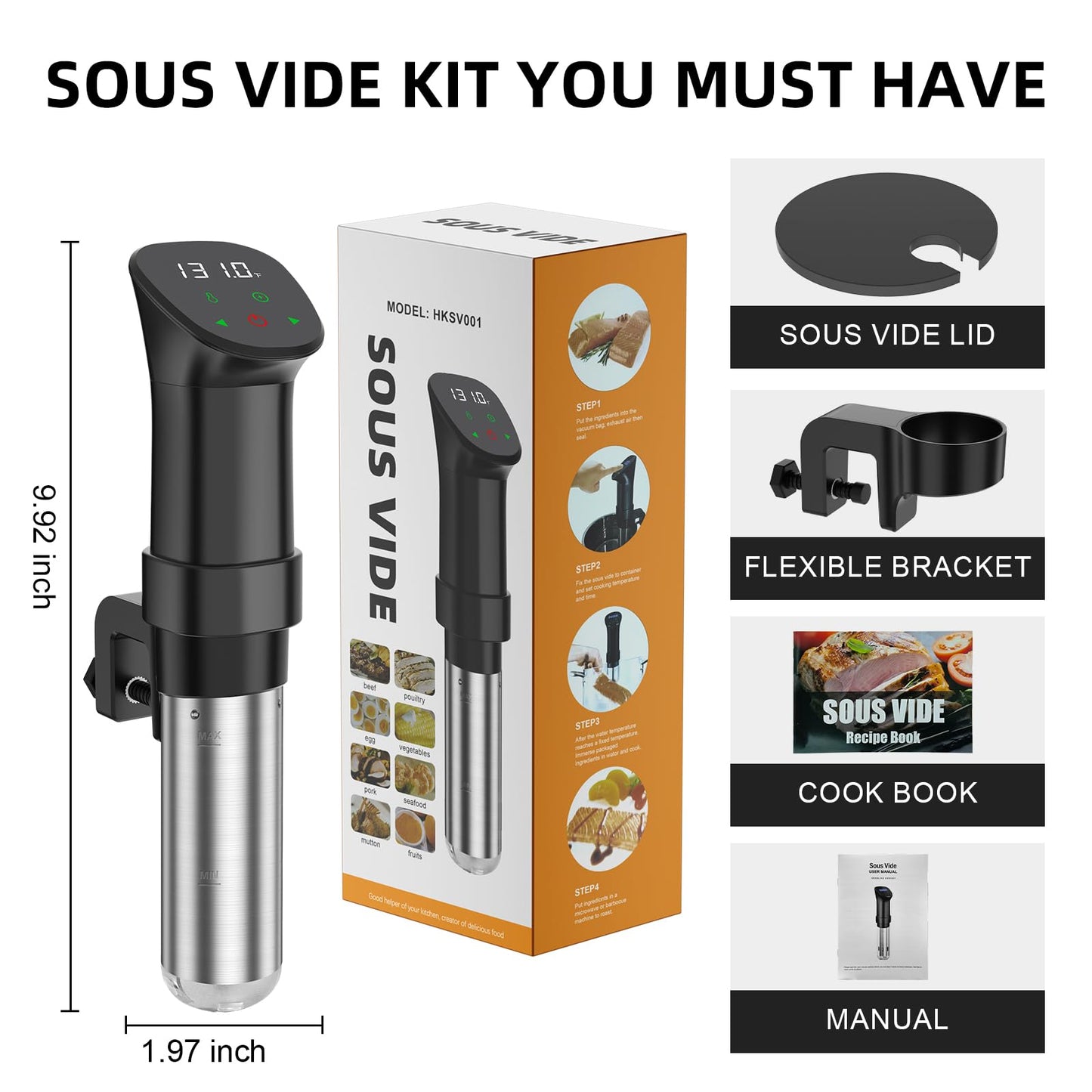 Sous Vide Machine-Suvee Cooker-Rocyis Sous Vide Kit with Lid, Recipes-1000W Fast Heating Immersion Circulator/Accurate Temperature and Timer/Digital Touch Screen, Stainless Steel (US Standard)