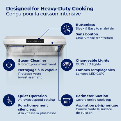 Hauslane | Chef Series Range Hood 30" PS38 PRO PERFORMANCE Stainless Steel Slim Under Cabinet Range Hood Design | Steam Auto Clean, Touch Panel | Superior Perimeter Aspiration Extraction