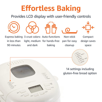 Amazon Basics Programmable Bread Maker, 2 Pound Non-Stick Automatic Bread Making Machine, With 14 Settings for Breads, Doughs, Gluten-Free Options and More, LCD Display, White