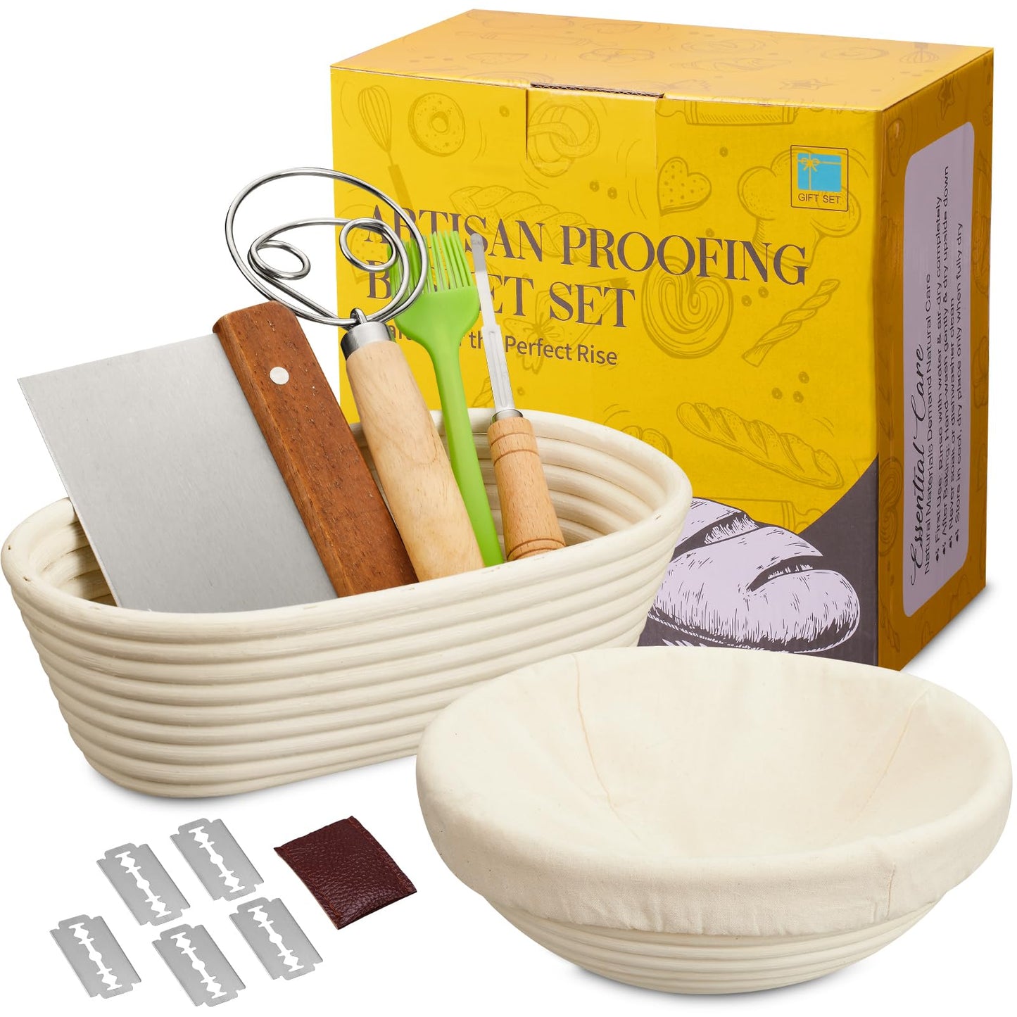 Banneton Bread Proofing Basket Banneton Basket Set Sourdough Proofing Basket Round Proofing Bowls Handmade Rattan Baskets and Liners (Round 9 inch set of 2)