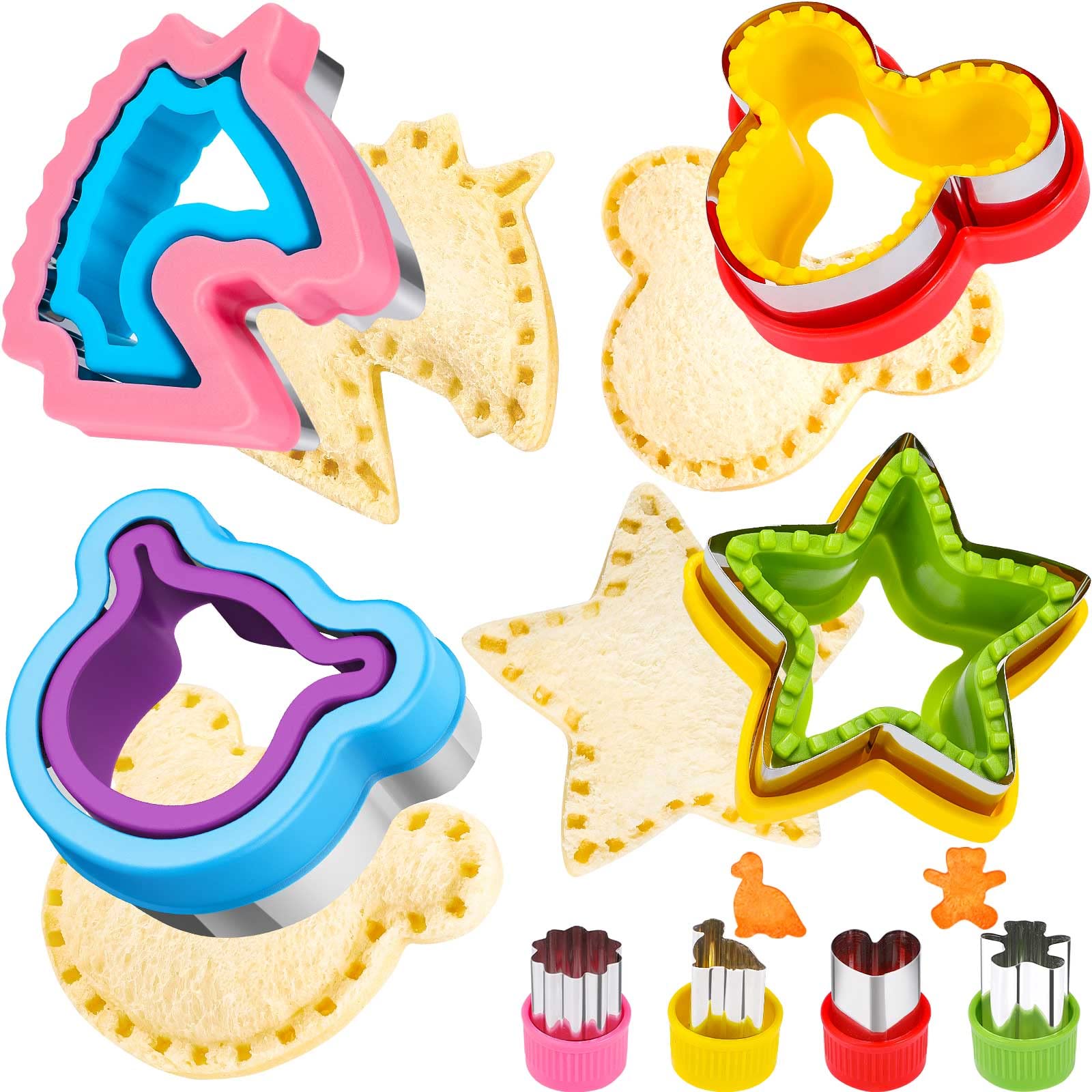 HINZER Sandwich Cutter and Sealer Set Uncrustables Maker 4 Pcs Bread Decruster Pancake Maker Heart Square Circle Dinosaur Shape DIY Cookie Cutters Gift for Kids Adult Boys Girls