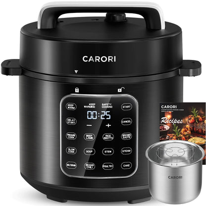 CARORI 9-in-1 Electric Pressure Cooker 6 Qt, Stainless Steel Inner Pot, Programmable 12 Multi-Function Cooker with Safe Vent Design, Rice Cook, Slow Cook, Sous Vide, Sauté, Warmer & Sterilizer, Black