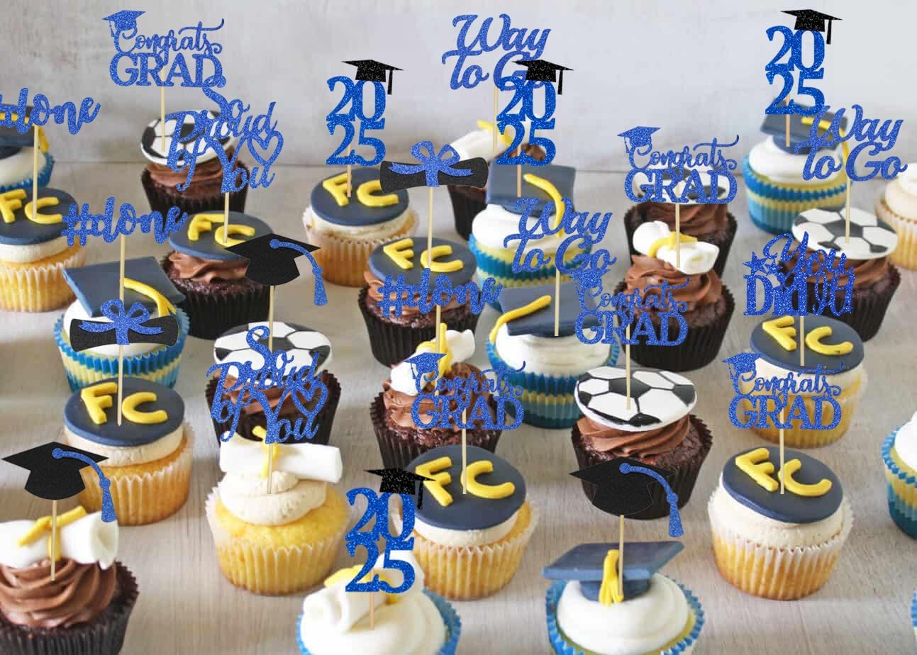Graduation Decorations 2025 Blue, Graduation Cupcake Toppers 2025 Blue Black, Glitter Class of 2025 Cupcake Toppers Supplies, Class of 2025 Congrats Grad Cap Diploma Cupcake Picks - 40Pcs