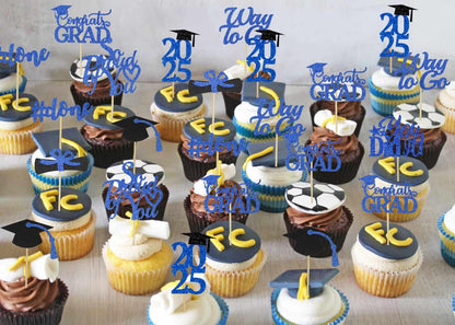 Graduation Decorations 2025 Blue, Graduation Cupcake Toppers 2025 Blue Black, Glitter Class of 2025 Cupcake Toppers Supplies, Class of 2025 Congrats Grad Cap Diploma Cupcake Picks - 40Pcs