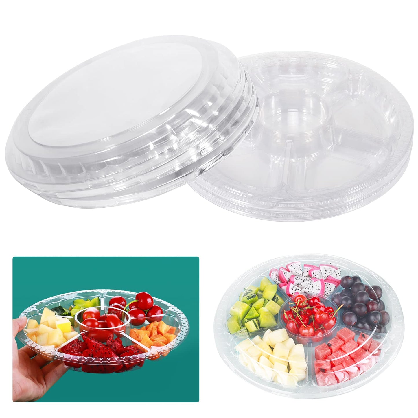 mwellewm 10 Pcs Round Plastic Appetizer Tray with Lid Divided Serving Tray, Disposable Food Storage Containers, Kids Snack, Fruit Platter Vegetable Trays for Party and Buffet