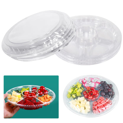 mwellewm 10 Pcs Round Plastic Appetizer Tray with Lid Divided Serving Tray, Disposable Food Storage Containers, Kids Snack, Fruit Platter Vegetable Trays for Party and Buffet