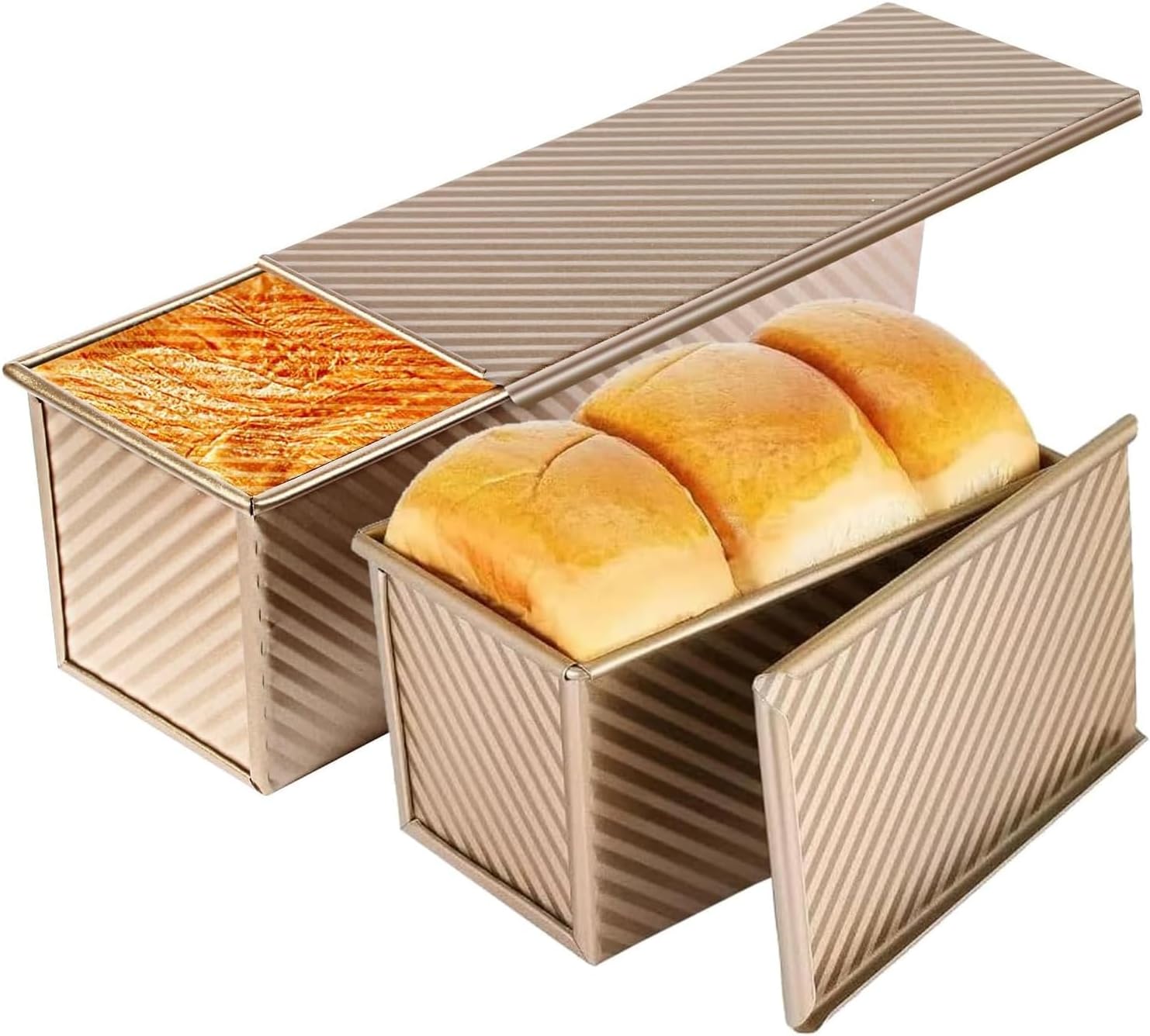 Upgrade Pullman Loaf Pan with Lid, Pullman Loaf Pan 2.2 LB/1 LB, 2 Pack Nonstick Sandwich Bread Pan, for Bread, Sandwiches, and Toast, Golden, Deep Side and Corrugated