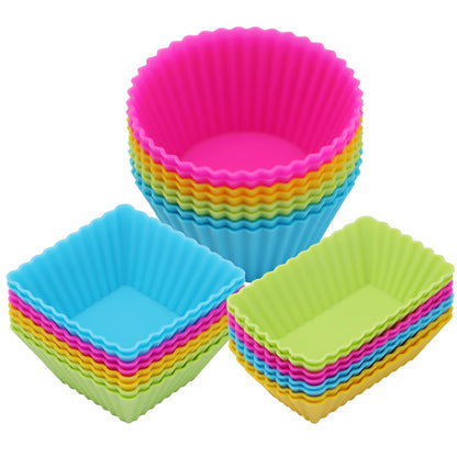24Pack Silicone Muffin Cups, Reusable Cupcake Liners Molds for Baking, 3 Shapes Lunch Box Bento Dividers-Round, Square, and Rectangular (Neutral Colors, Regular Size)