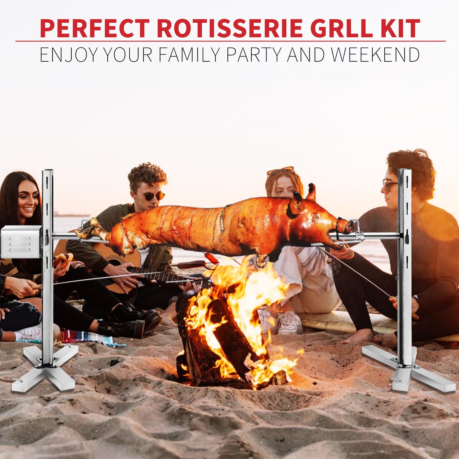Комплект електричного гриля-вертушки Kendane, 90 фунтів гриль-вертушка для свиней, штатив з нержавіючої сталі, підставка для вертела, 52-дюймовий рожен з вугіллям для свиней та ягнятини, двигун 15 Вт та регулювання висоти для кемпінгу