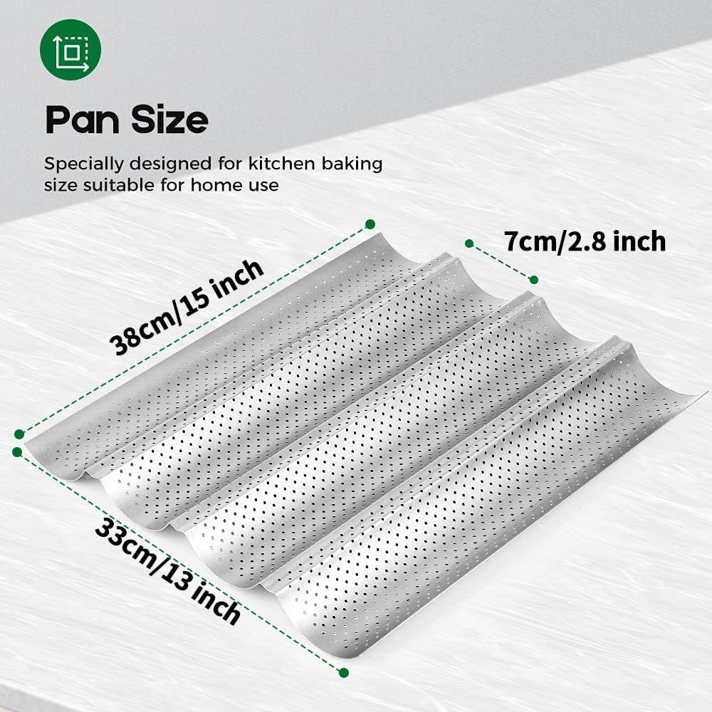 AMAGABELI GARDEN & HOME Baguette Bread Pan 15" x 13" Nonstick Perforated Baguette Tray French Bread Baking 4 Wave Loaf Bake Mold Toast Cooking Baker Molding Gutter Oven Toaster Dishwasher Safe Silver