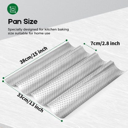 AMAGABELI GARDEN & HOME Baguette Bread Pan 15" x 13" Nonstick Perforated Baguette Tray French Bread Baking 4 Wave Loaf Bake Mold Toast Cooking Baker Molding Gutter Oven Toaster Dishwasher Safe Silver