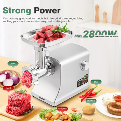 Huanyu Meat Grinder Electric 2800W Max Meats Mincer with Stainless Steel Blade&3 Plates, 3 Sausage Stuffers, Kubbe Kits Heavy Duty Food Grinding Machine for Home Kitchen & Commercial Using