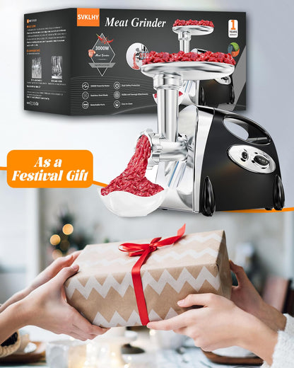 Electric Meat Grinder: [3000W Superior Motor] [Exquisite Box] Meat Grinder with 6 PCS Stainless Steel Blades & Grinding Plates, Sausage Stuffer Tubes & Kubbe Kit Portable Handle for Gift (Black)