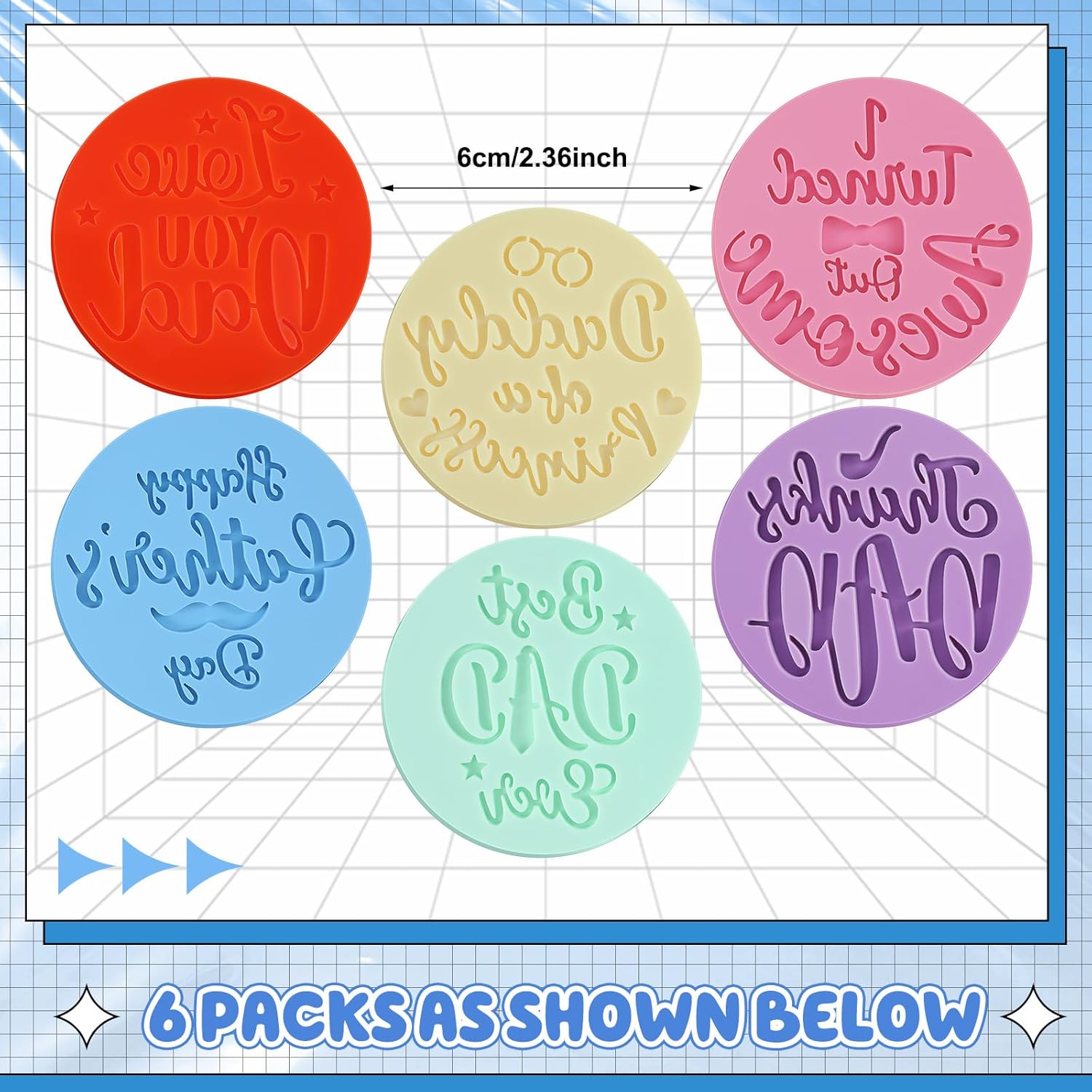 Zubebe 6 Pcs Cookie Stamp Tool Cake Embosser Cutters Mini Cake Mold Fondant Stamp 3D Design Cookie Embosser for Party Supplies Kitchen DIY Baking Tools(Father's Day)