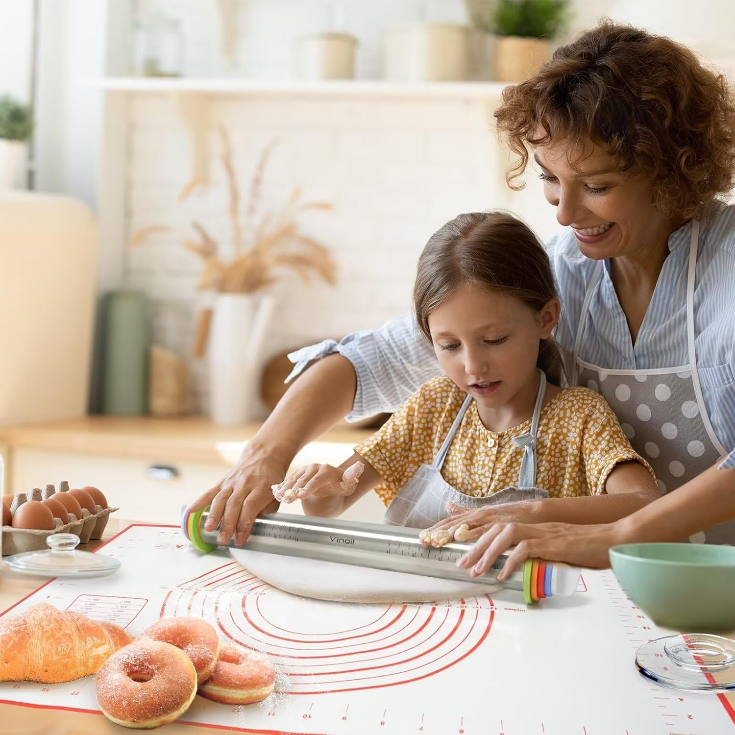 Stainless Steel Rolling Pin and Silicone Mat Set, Adjustable Thickness Rings - For Baking Dough, Pizza, Pies, Pastries, Pasta, Cookies