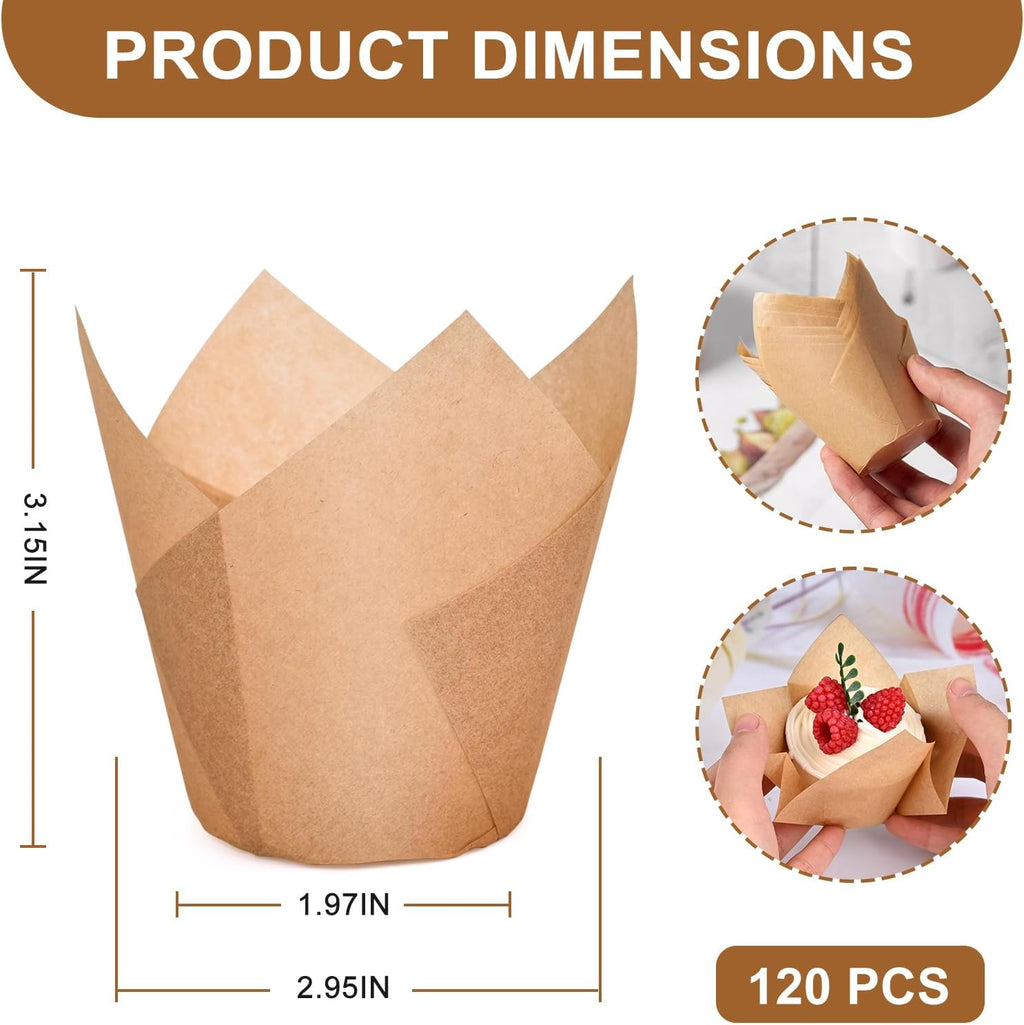 120 Counts Natural Tulip Cupcake Liners for Baking Cups, Food Grade Parchment Paper Muffin Liners Holders, Standard Tulip Cupcake Liners, Greaseproof Cup Cake Wrappers for Party, Christmas