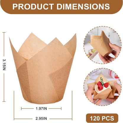 120 Counts Natural Tulip Cupcake Liners for Baking Cups, Food Grade Parchment Paper Muffin Liners Holders, Standard Tulip Cupcake Liners, Greaseproof Cup Cake Wrappers for Party, Christmas