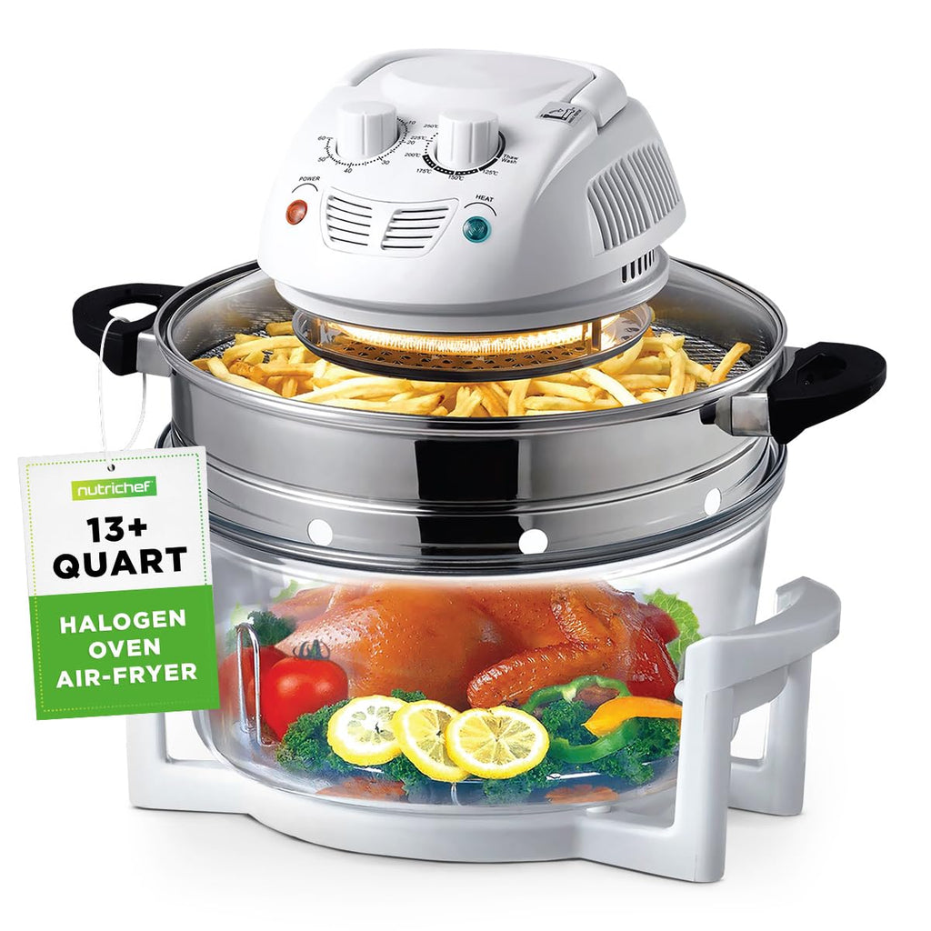 NutriChef Halogen Oven Countertop Air Fryer - 1200 W 13QT Infrared Convection Cooker z misą ze stali nierdzewnej do gotowania zdrowych posiłków, idealny do kurczaka, steków, ryb, żeberek, krewetek i innych -AZPKAIRFR48